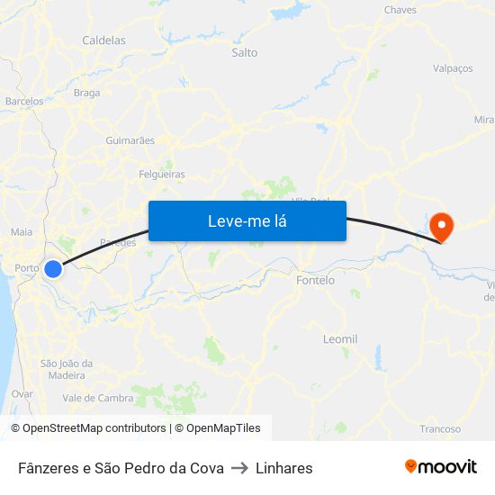 Fânzeres e São Pedro da Cova to Linhares map