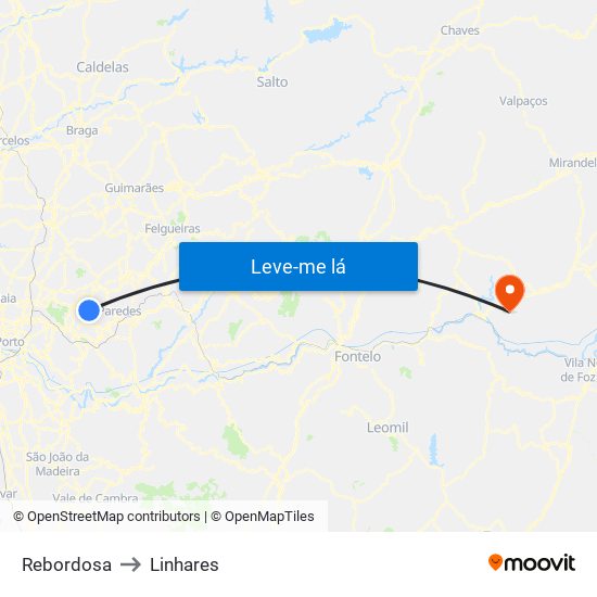 Rebordosa to Linhares map