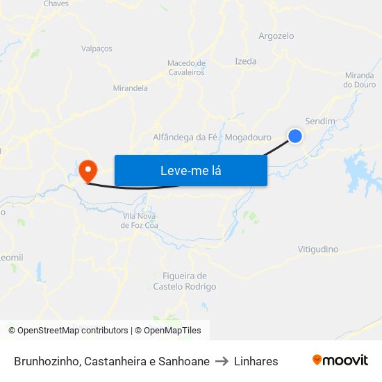Brunhozinho, Castanheira e Sanhoane to Linhares map
