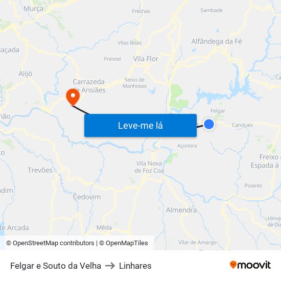 Felgar e Souto da Velha to Linhares map