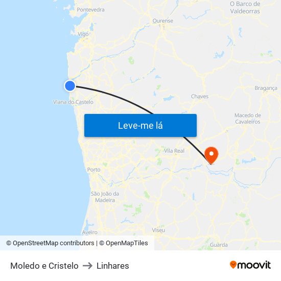 Moledo e Cristelo to Linhares map