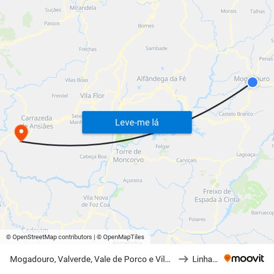 Mogadouro, Valverde, Vale de Porco e Vilar de Rei to Linhares map