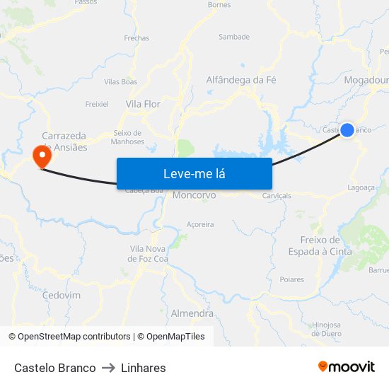 Castelo Branco to Linhares map
