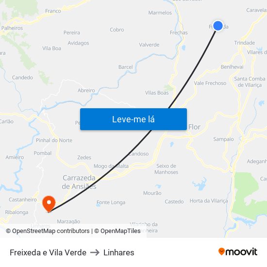 Freixeda e Vila Verde to Linhares map