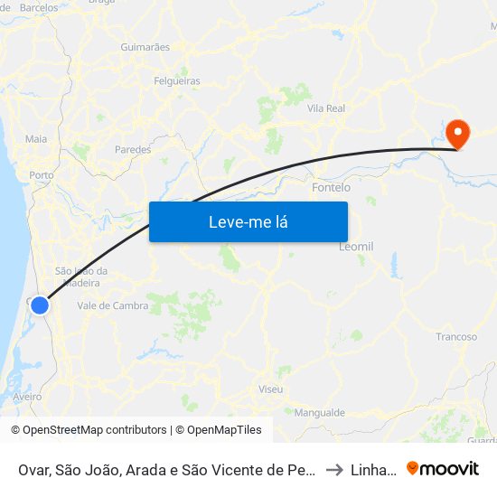 Ovar, São João, Arada e São Vicente de Pereira Jusã to Linhares map