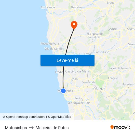 Matosinhos to Macieira de Rates map