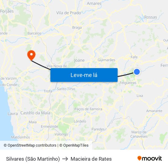 Silvares (São Martinho) to Macieira de Rates map