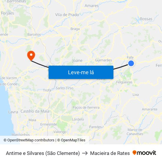 Antime e Silvares (São Clemente) to Macieira de Rates map