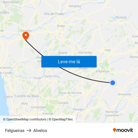Felgueiras to Alvelos map