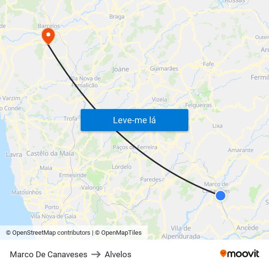 Marco De Canaveses to Alvelos map