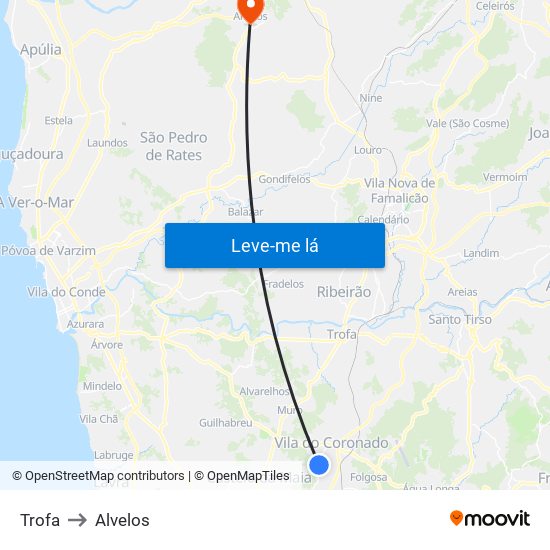 Trofa to Alvelos map