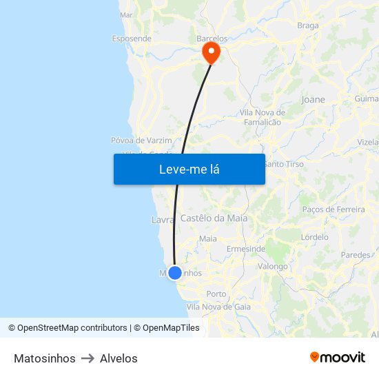 Matosinhos to Alvelos map