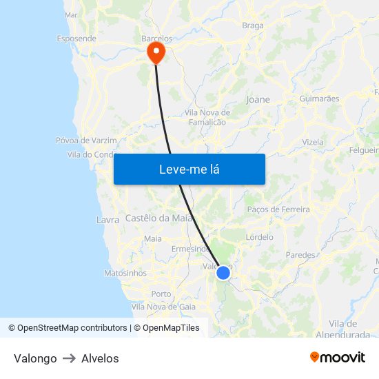 Valongo to Alvelos map