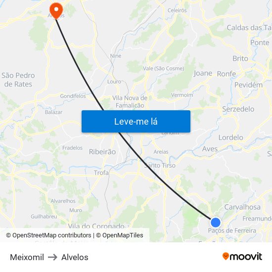 Meixomil to Alvelos map