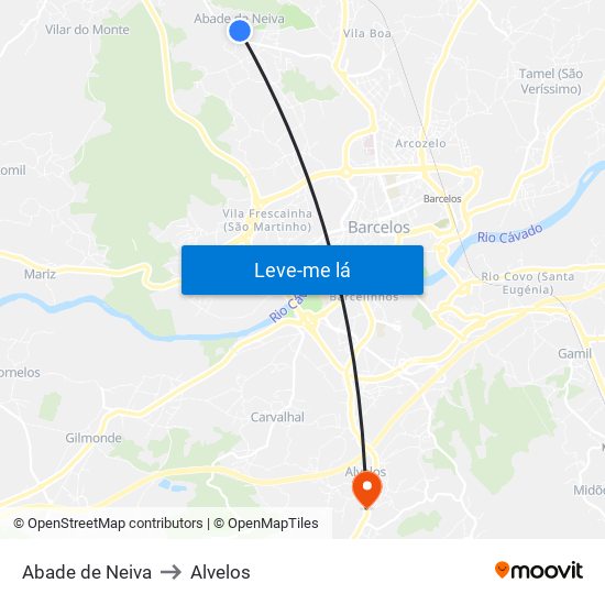 Abade de Neiva to Alvelos map