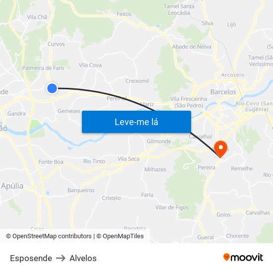 Esposende to Alvelos map