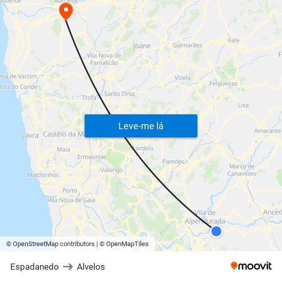 Espadanedo to Alvelos map