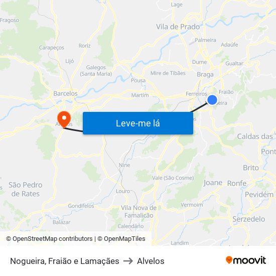 Nogueira, Fraião e Lamaçães to Alvelos map