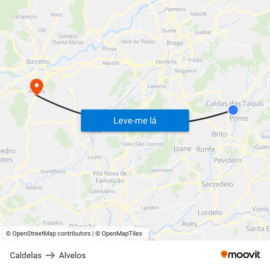Caldelas to Alvelos map