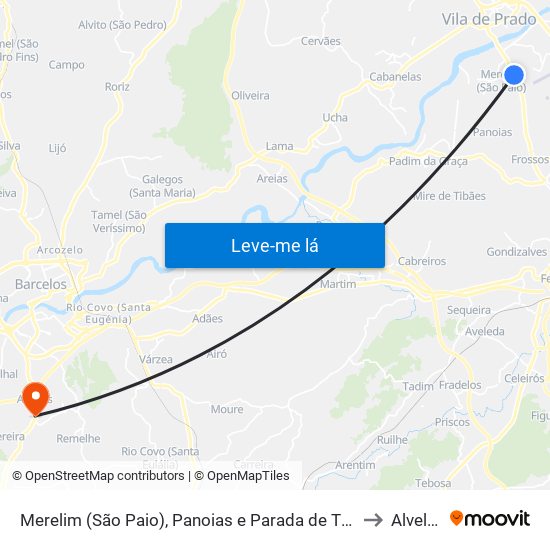 Merelim (São Paio), Panoias e Parada de Tibães to Alvelos map