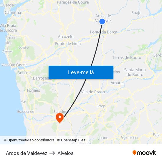 Arcos de Valdevez to Alvelos map