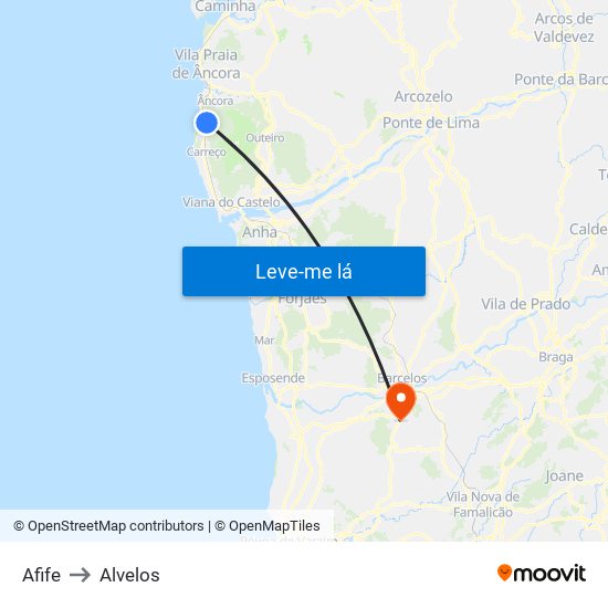 Afife to Alvelos map