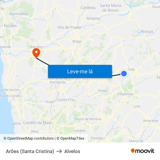 Arões (Santa Cristina) to Alvelos map