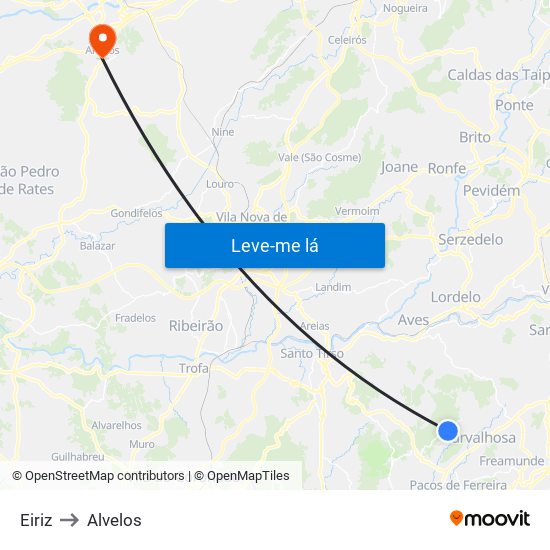 Eiriz to Alvelos map