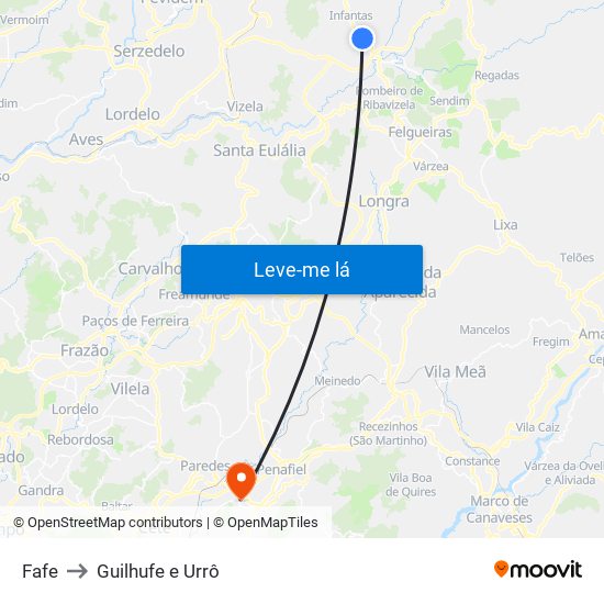 Fafe to Guilhufe e Urrô map
