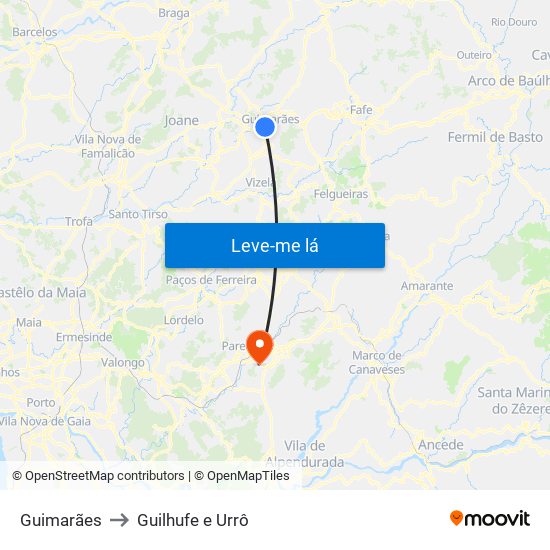 Guimarães to Guilhufe e Urrô map