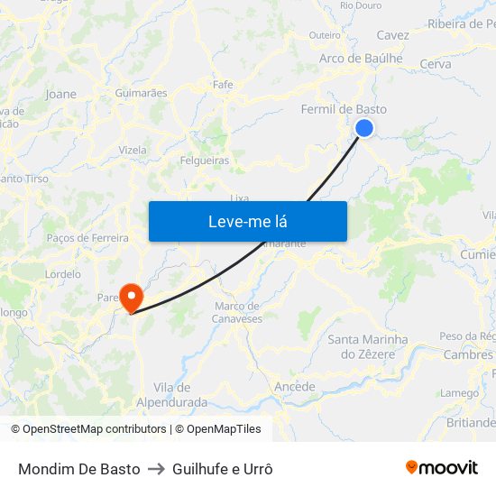 Mondim De Basto to Guilhufe e Urrô map