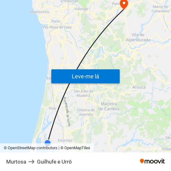 Murtosa to Guilhufe e Urrô map