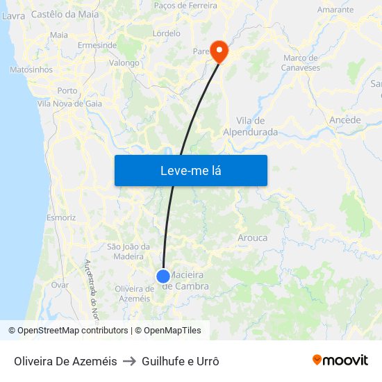 Oliveira De Azeméis to Guilhufe e Urrô map