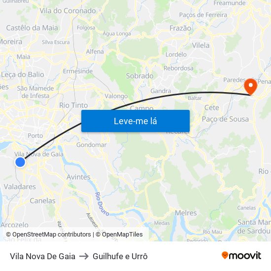 Vila Nova De Gaia to Guilhufe e Urrô map