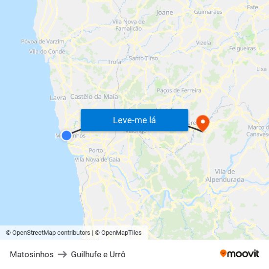 Matosinhos to Guilhufe e Urrô map