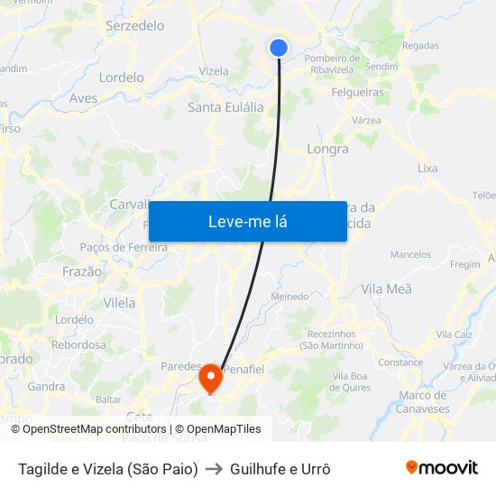 Tagilde e Vizela (São Paio) to Guilhufe e Urrô map