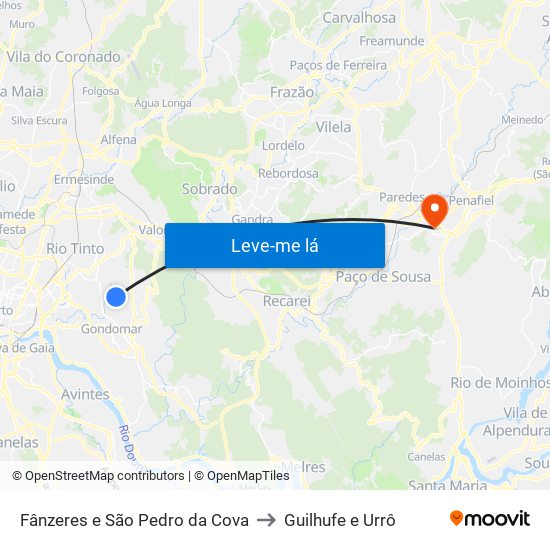 Fânzeres e São Pedro da Cova to Guilhufe e Urrô map