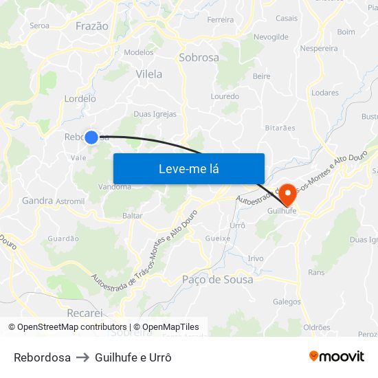 Rebordosa to Guilhufe e Urrô map