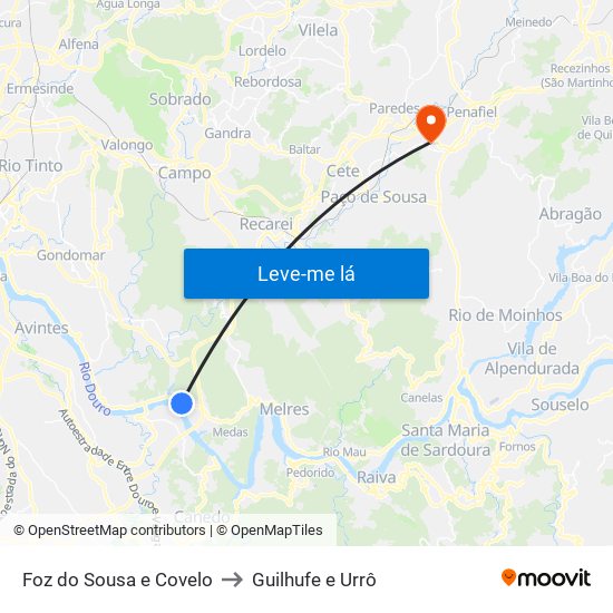 Foz do Sousa e Covelo to Guilhufe e Urrô map