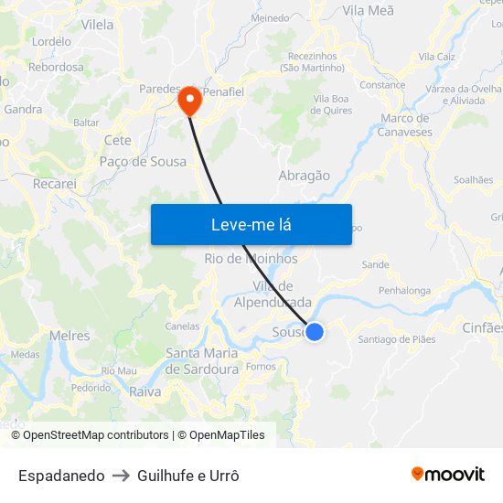 Espadanedo to Guilhufe e Urrô map
