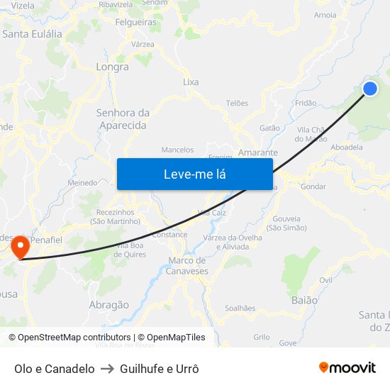 Olo e Canadelo to Guilhufe e Urrô map