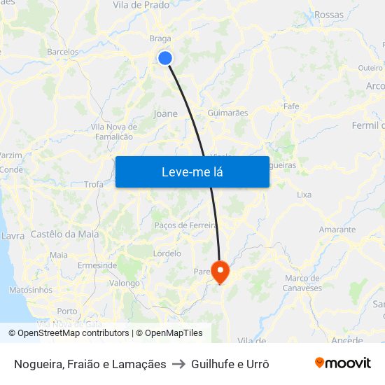 Nogueira, Fraião e Lamaçães to Guilhufe e Urrô map
