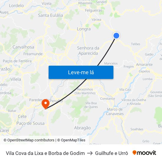 Vila Cova da Lixa e Borba de Godim to Guilhufe e Urrô map