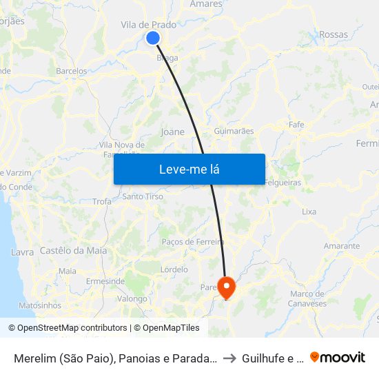 Merelim (São Paio), Panoias e Parada de Tibães to Guilhufe e Urrô map