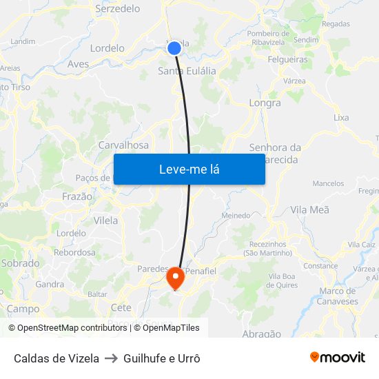 Caldas de Vizela to Guilhufe e Urrô map