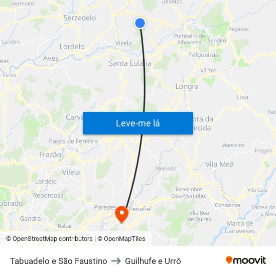 Tabuadelo e São Faustino to Guilhufe e Urrô map