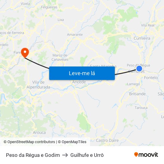 Peso da Régua e Godim to Guilhufe e Urrô map