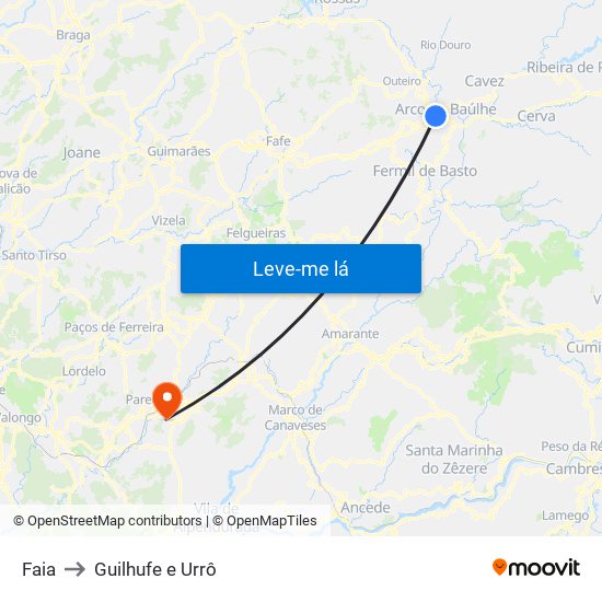 Faia to Guilhufe e Urrô map