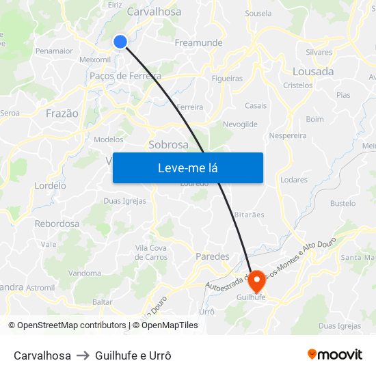 Carvalhosa to Guilhufe e Urrô map