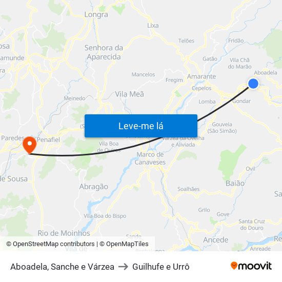 Aboadela, Sanche e Várzea to Guilhufe e Urrô map